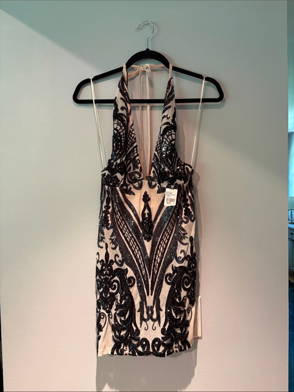 Banjul black sequin nude ivory sheer mesh midi bodycon naked leotard dress